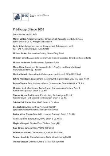 Prädikatsprüflinge 2009 - IHK Fulda
