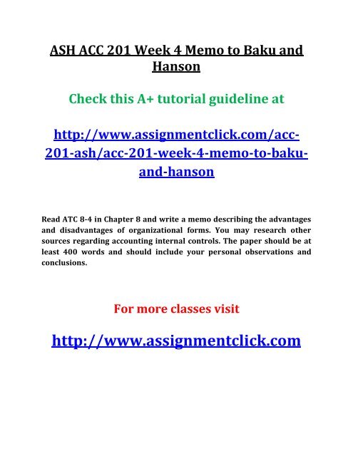 ASH ACC 201 Week 4 Memo to Baku and Hanson