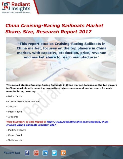 China Cruising-Racing Sailboats Market Analysis, Growth, Industry Outlook and Overview 2017