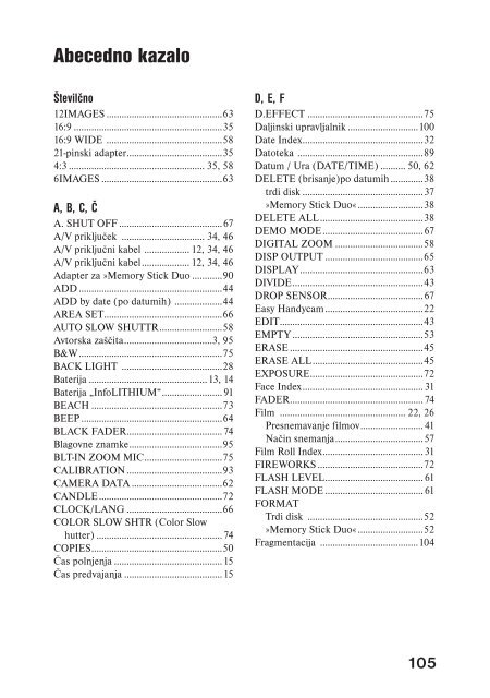 Sony DCR-SR45E - DCR-SR45E Mode d'emploi Slov&eacute;nien