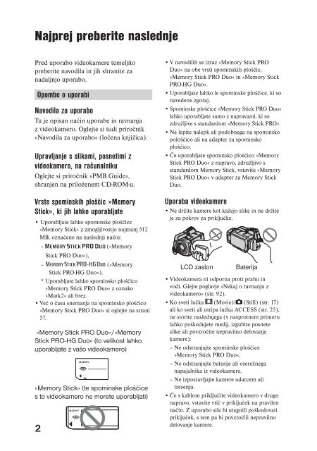 Sony DCR-SR45E - DCR-SR45E Mode d'emploi Slov&eacute;nien