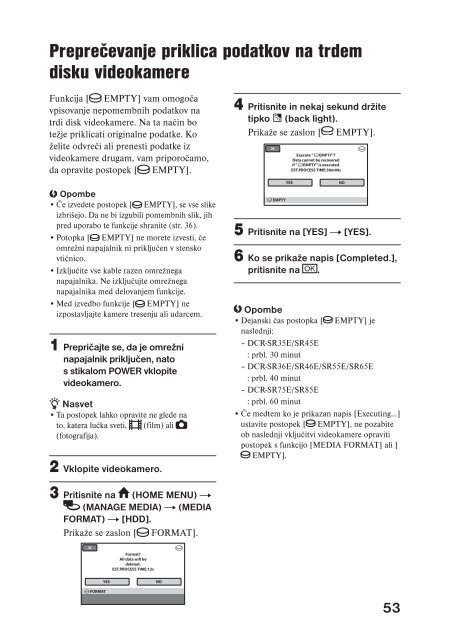 Sony DCR-SR45E - DCR-SR45E Mode d'emploi Slov&eacute;nien