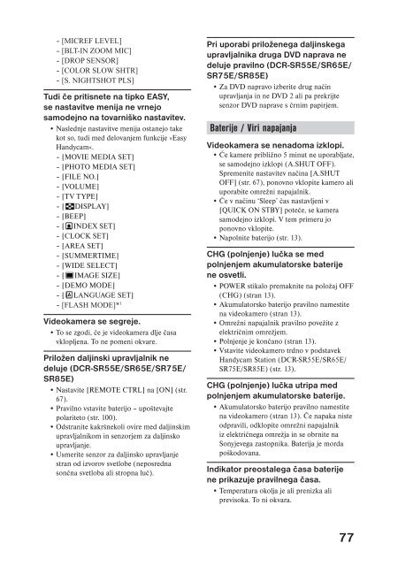 Sony DCR-SR45E - DCR-SR45E Mode d'emploi Slov&eacute;nien