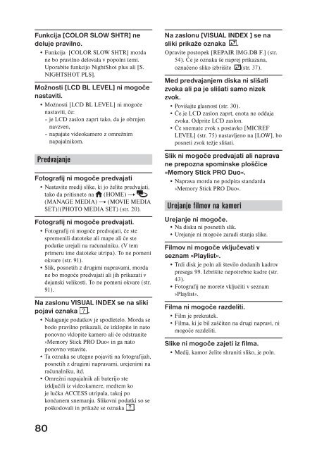 Sony DCR-SR45E - DCR-SR45E Mode d'emploi Slov&eacute;nien