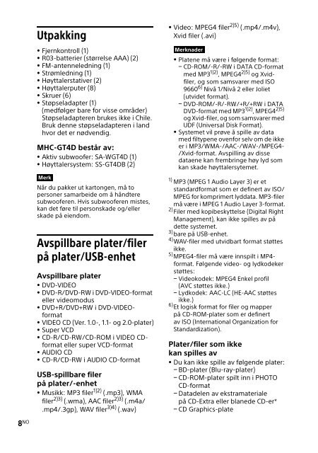 Sony MHC-GT4D - MHC-GT4D Consignes d&rsquo;utilisation Norv&eacute;gien