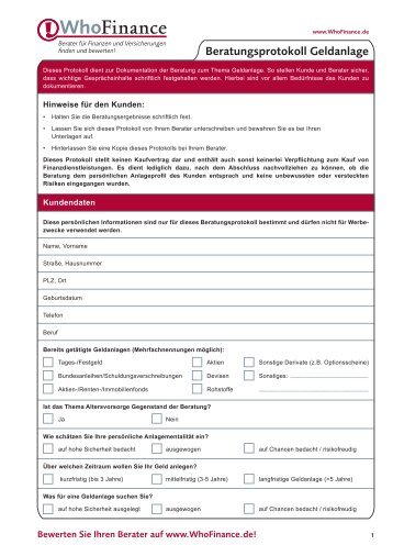 Beratungsprotokoll Geldanlage - WhoFinance