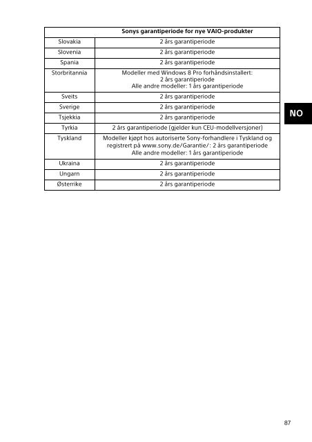 Sony SVP1121X2R - SVP1121X2R Documents de garantie Norv&eacute;gien