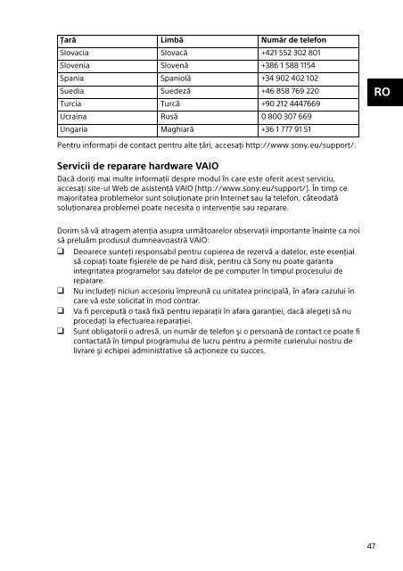 Sony SVP1121X2R - SVP1121X2R Documents de garantie Roumain