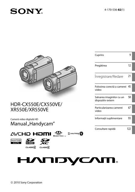 Sony HDR-XR550E - HDR-XR550E Consignes d&rsquo;utilisation Roumain