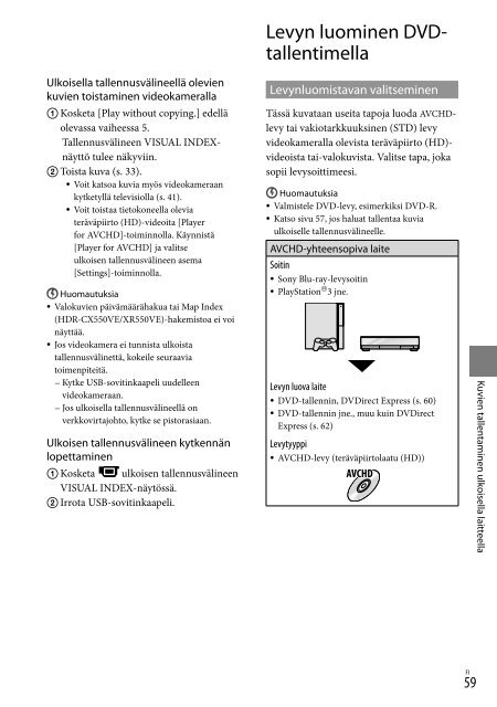 Sony HDR-XR550E - HDR-XR550E Consignes d&rsquo;utilisation Finlandais