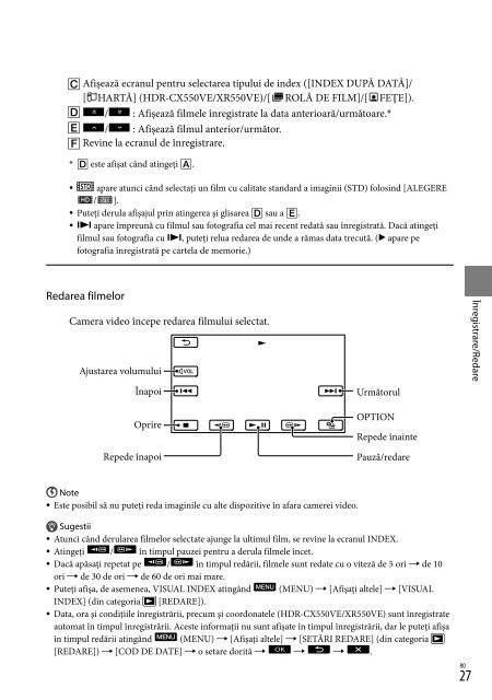 Sony HDR-XR550E - HDR-XR550E Consignes d&rsquo;utilisation Roumain