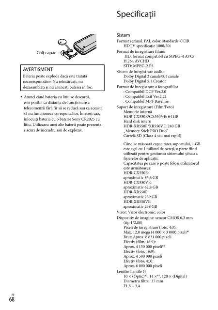 Sony HDR-XR550E - HDR-XR550E Consignes d&rsquo;utilisation Roumain