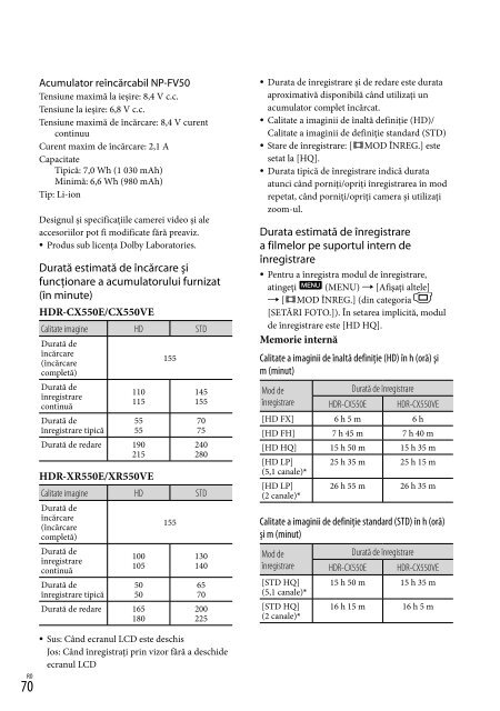 Sony HDR-XR550E - HDR-XR550E Consignes d&rsquo;utilisation Roumain