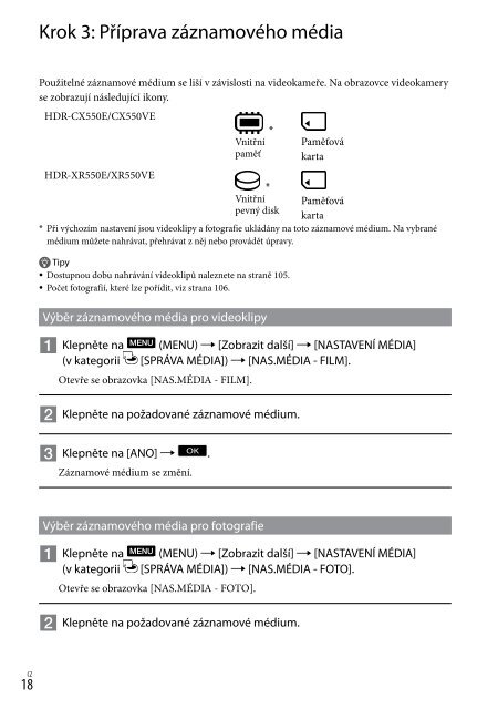 Sony HDR-XR550E - HDR-XR550E Consignes d&rsquo;utilisation Tch&egrave;que