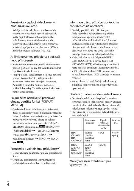 Sony HDR-XR550E - HDR-XR550E Consignes d&rsquo;utilisation Tch&egrave;que