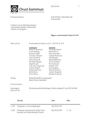 2012-05-08 Kommunstyrelsen KALLELSE/underrättelse till - Orust
