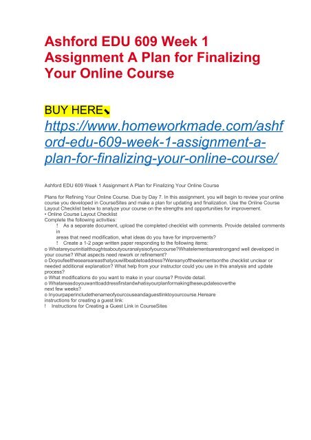 Ashford EDU 609 Week 1 Assignment A Plan for Finalizing Your Online Course