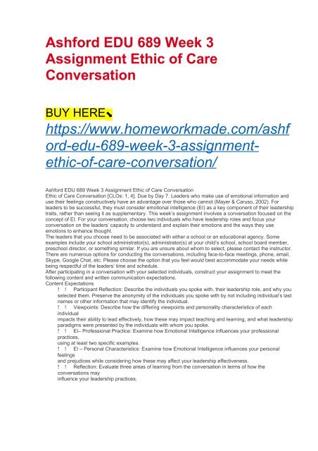 Ashford EDU 689 Week 3 Assignment Ethic of Care Conversation