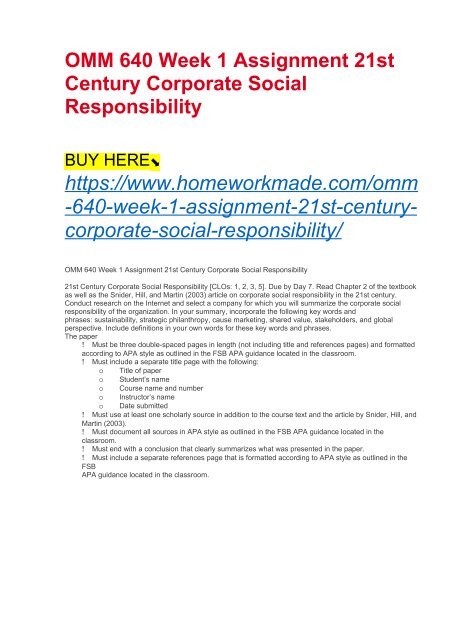 OMM 640 Week 1 Assignment 21st Century Corporate Social Responsibility