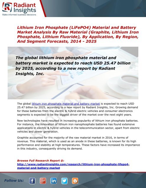 Lithium Iron Phosphate (LiFePO4) Material and Battery - Industry Analysis, Size, Share, Growth By Radiant Insights, Inc