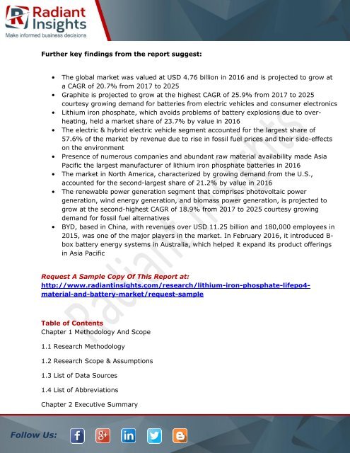 Lithium Iron Phosphate (LiFePO4) Material and Battery - Industry Analysis, Size, Share, Growth By Radiant Insights, Inc