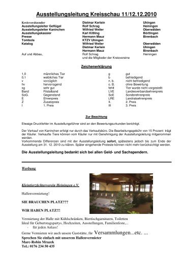 Ausstellungsleitung Kreisschau 11/12.12.2010