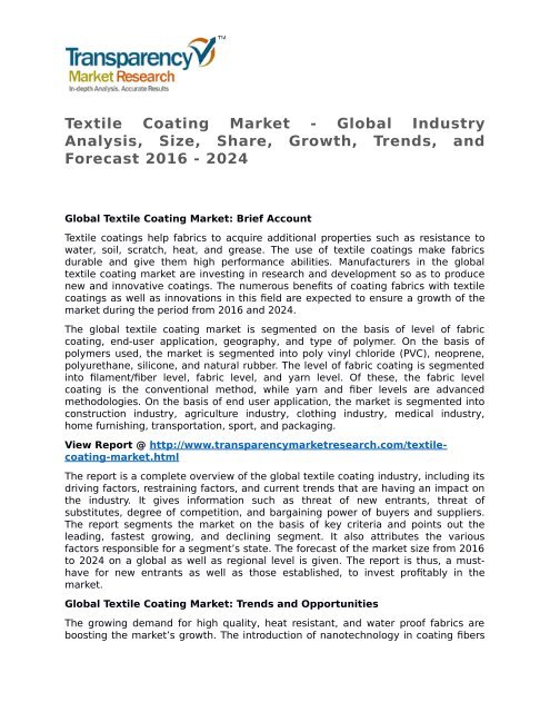 Textile Coating Market - Global Industry Analysis, Size, Share, Growth, Trends, and Forecast 2016 - 2024