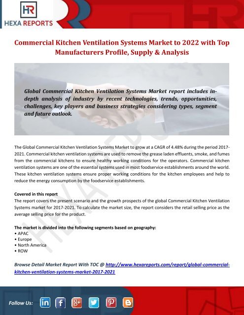 Commercial Kitchen Ventilation Systems Market to 2022 with Top Manufacturers Profile, Supply &amp; Analysis