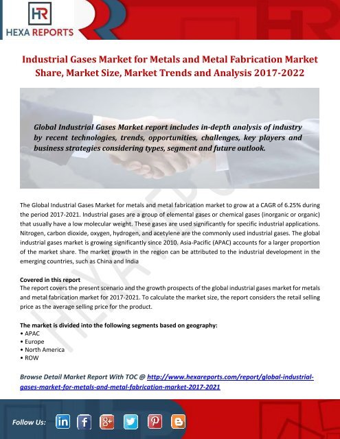 Industrial Gases Market for Metals and Metal Fabrication Market Share, Market Size, Market Trends and Analysis 2017-2022