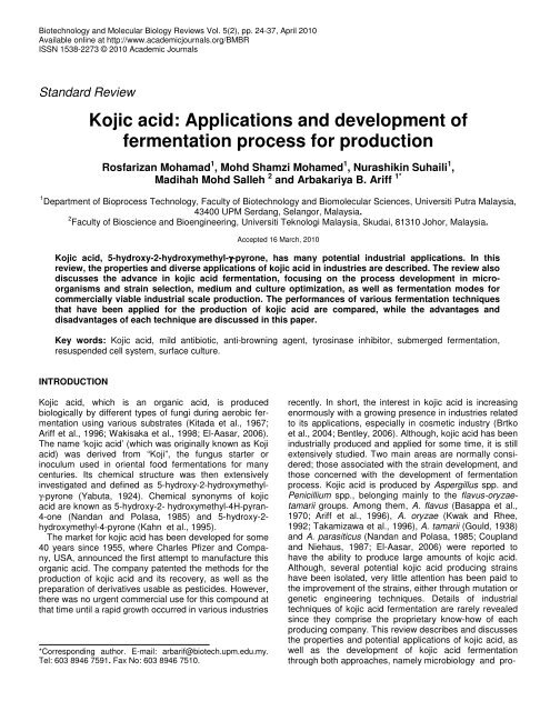 Kojic acid: Applications and development of fermentation process for ...
