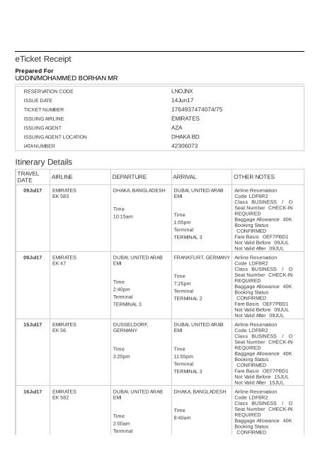 Electronic ticket receipt, July 09 for UDDIN MOHAMMED BORHAN MR