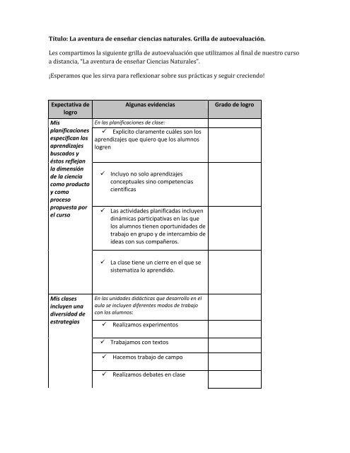 Indicadores para autoevaluacion - Ciencias Naturales