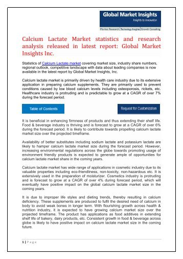 Calcium Lactate Market statistics and research analysis released in latest report