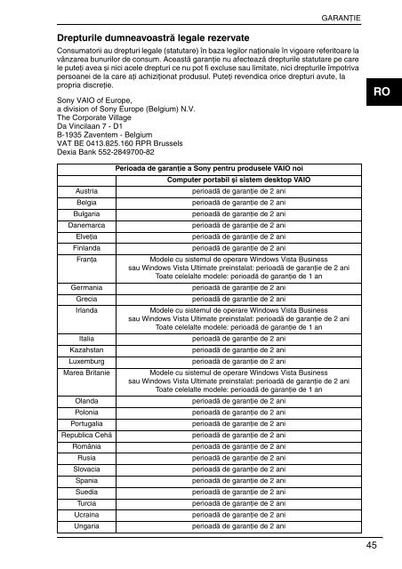 Sony VGN-Z41ZRD - VGN-Z41ZRD Documents de garantie Roumain