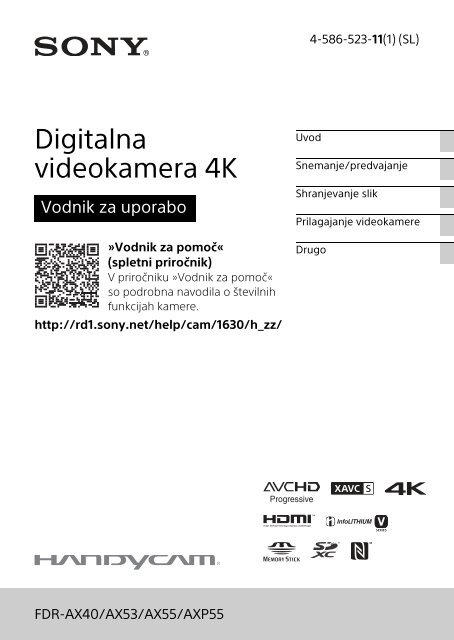 Sony FDR-AX53 - FDR-AX53 Consignes d&rsquo;utilisation Slov&eacute;nien