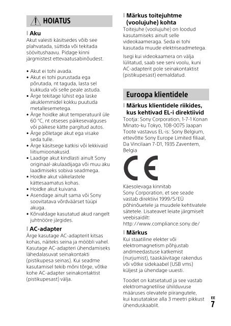 Sony FDR-AX53 - FDR-AX53 Consignes d&rsquo;utilisation Estonien