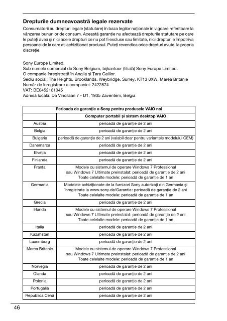 Sony VPCSB2S9E - VPCSB2S9E Documents de garantie Roumain