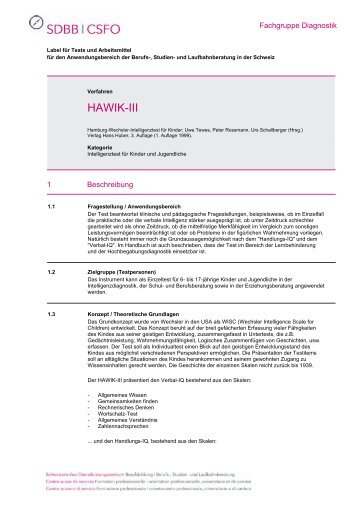 HAWIK-III - Fachgruppe Diagnostik - SDBB