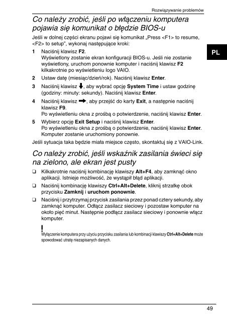 Sony VGN-FW11E - VGN-FW11E Guide de d&eacute;pannage Polonais