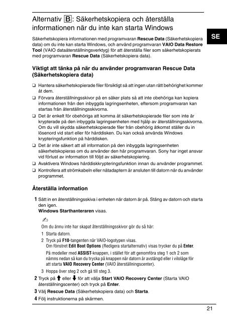 Sony VPCEB1E0E - VPCEB1E0E Guide de d&eacute;pannage Su&eacute;dois