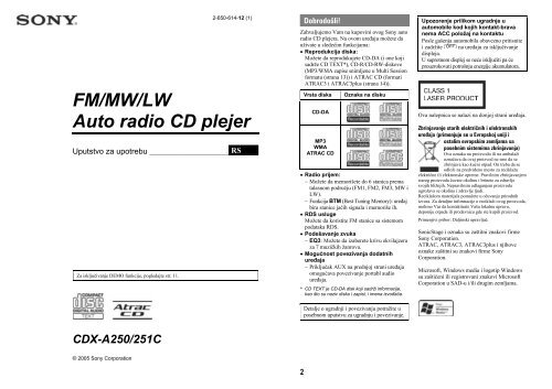 Sony CDX-A250 - CDX-A250 Mode d'emploi Serbe
