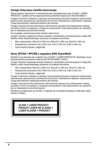 Sony VPCF13J8E - VPCF13J8E Documents de garantie Polonais