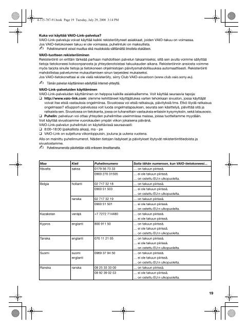 Sony VGN-TT11LN - VGN-TT11LN Documents de garantie Finlandais