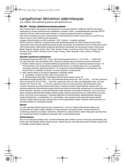 Sony VGN-TT11LN - VGN-TT11LN Documents de garantie Finlandais