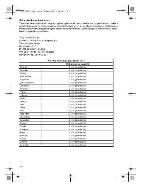 Sony VGN-TT11LN - VGN-TT11LN Documents de garantie Turc