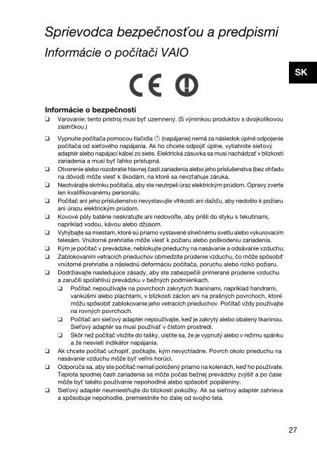 Sony SVE1511F1E - SVE1511F1E Documents de garantie Slovaque