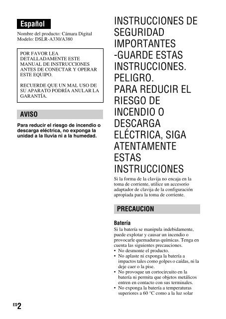 Sony DSLR-A330Y - DSLR-A330Y Consignes d&rsquo;utilisation Espagnol