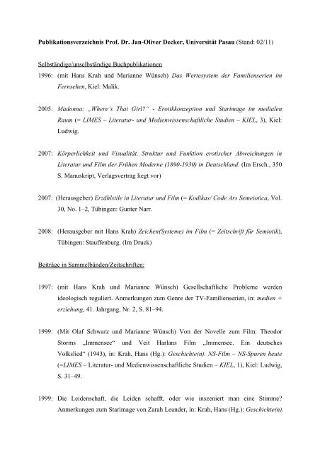 Publikationsverzeichnis Prof. Dr. Jan-Oliver Decker, Universität Pasau