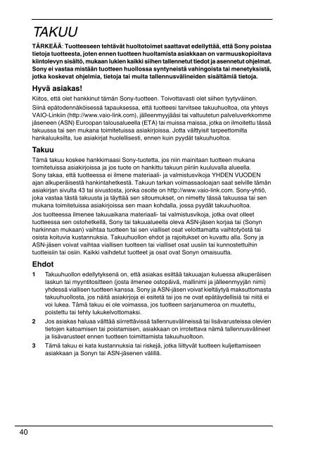 Sony VGN-Z46XRN - VGN-Z46XRN Documents de garantie Finlandais