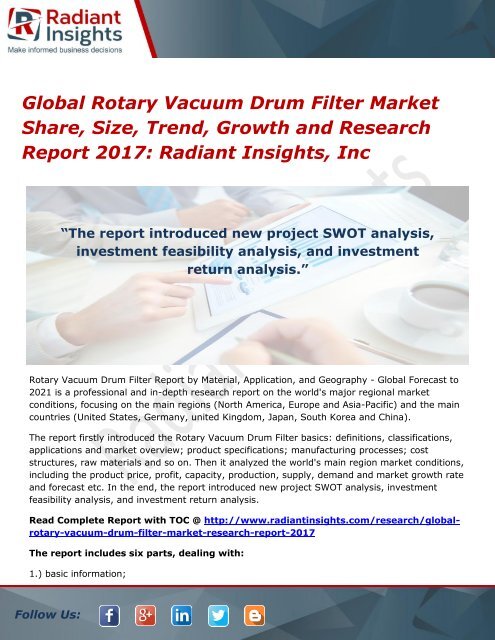 Global Rotary Vacuum Drum Filter Market Share, Size, Trend, Growth and Research Report 2017 Radiant Insights, Inc